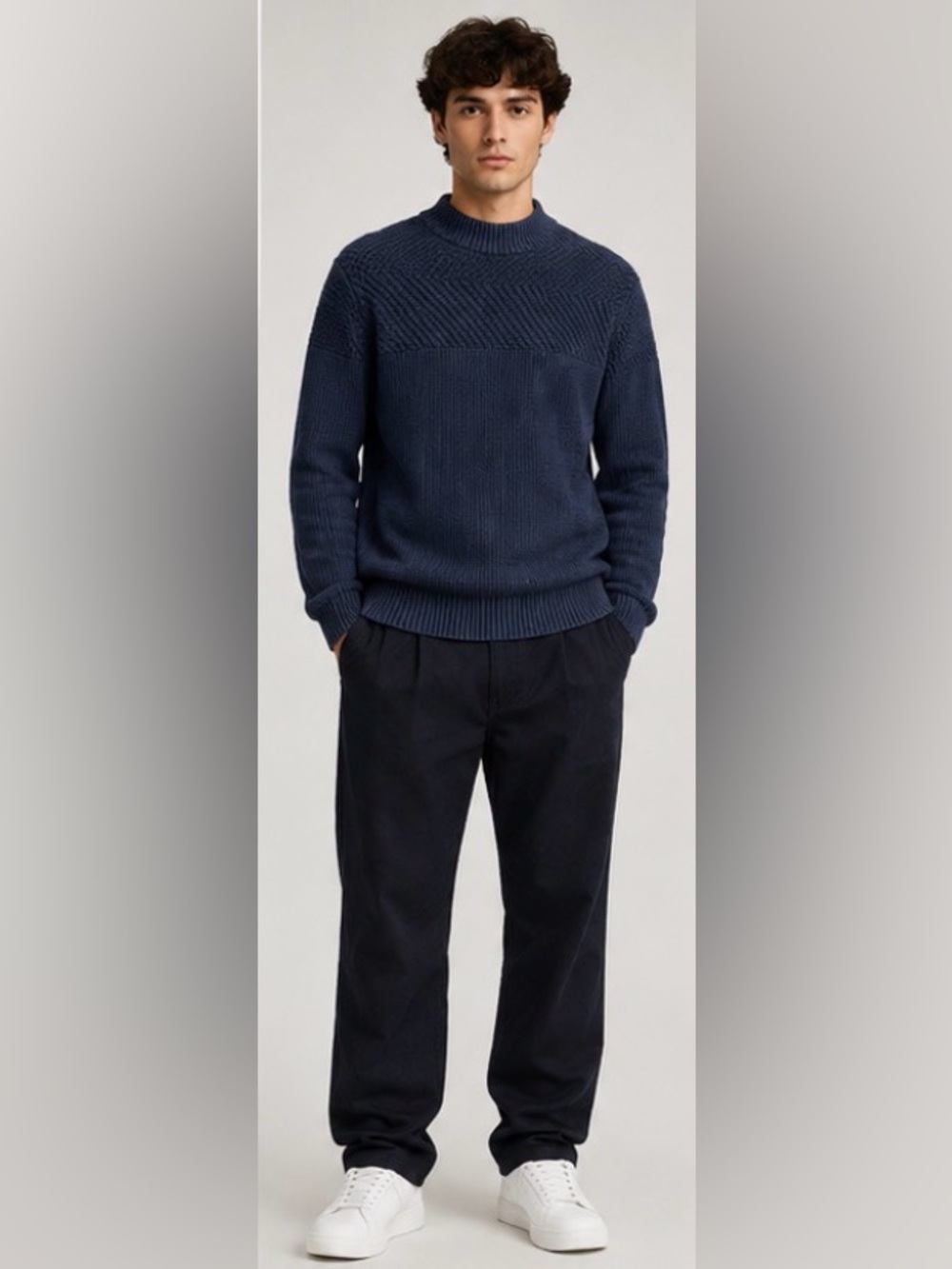 Selected Homme Navy Textured Knit Mock Neck Sweater Size L Quiet Luxury